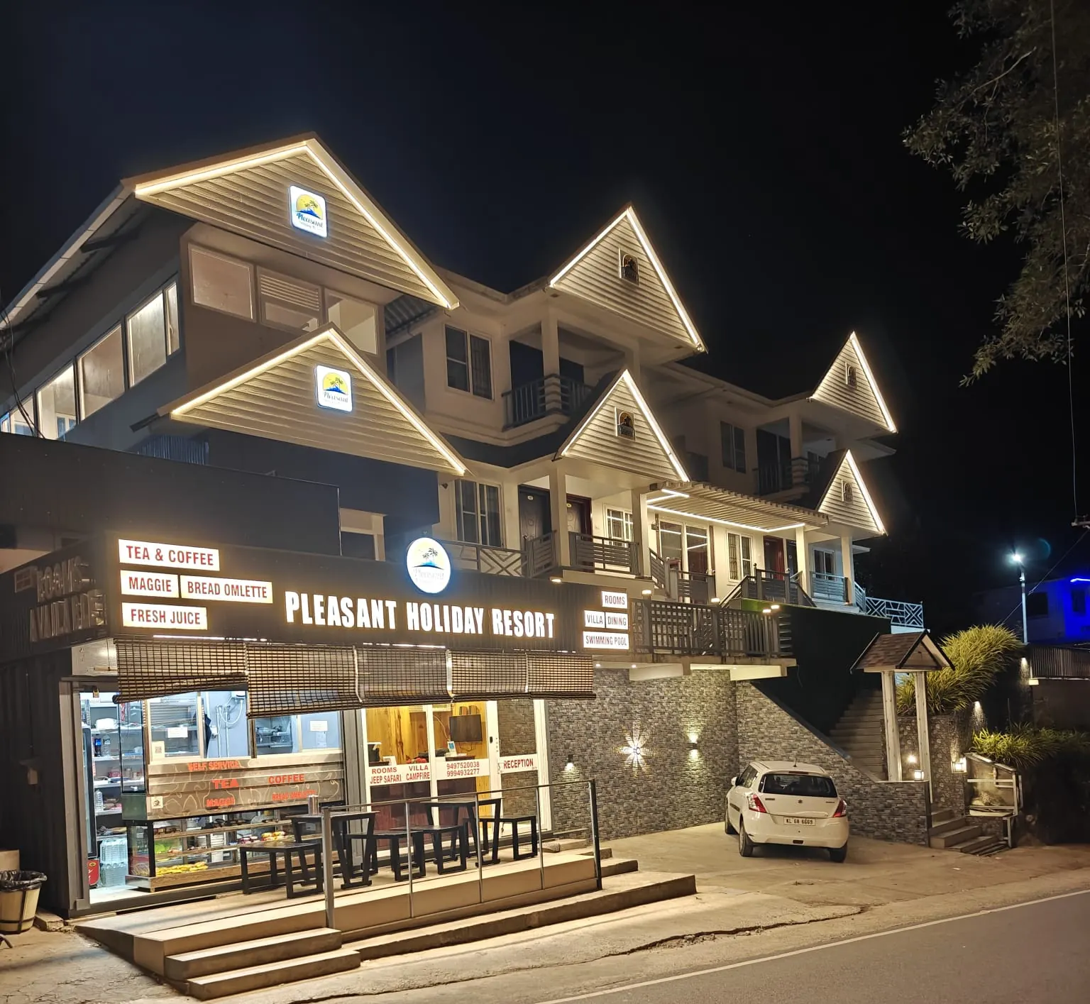 Pleasant Holiday Resort illuminated at night